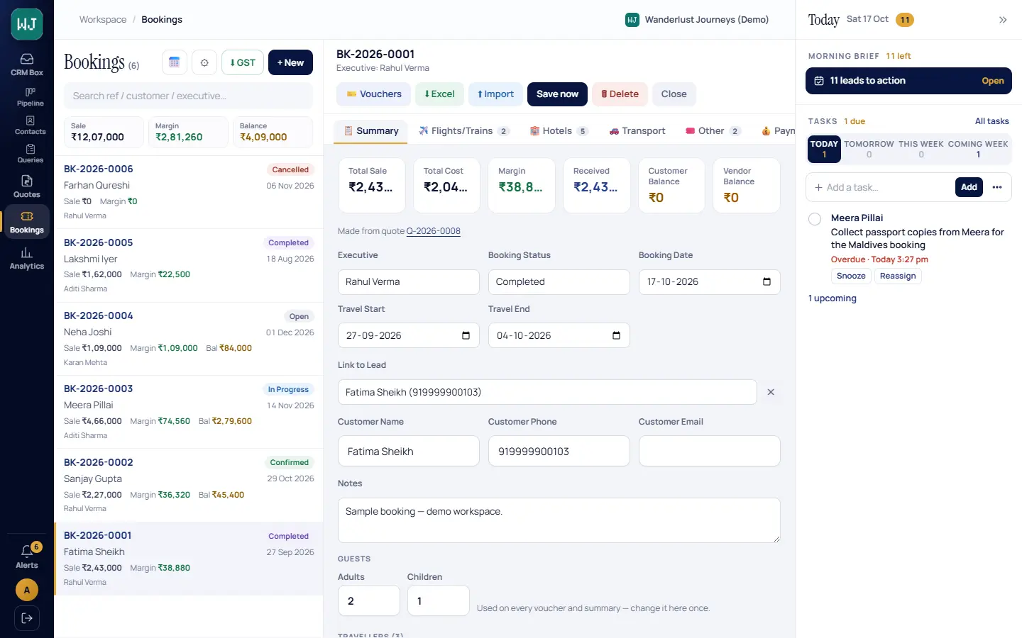 Bookings: a list with sale, margin and balance per booking, and one booking open with its summary — total sale, cost, margin, received and balances