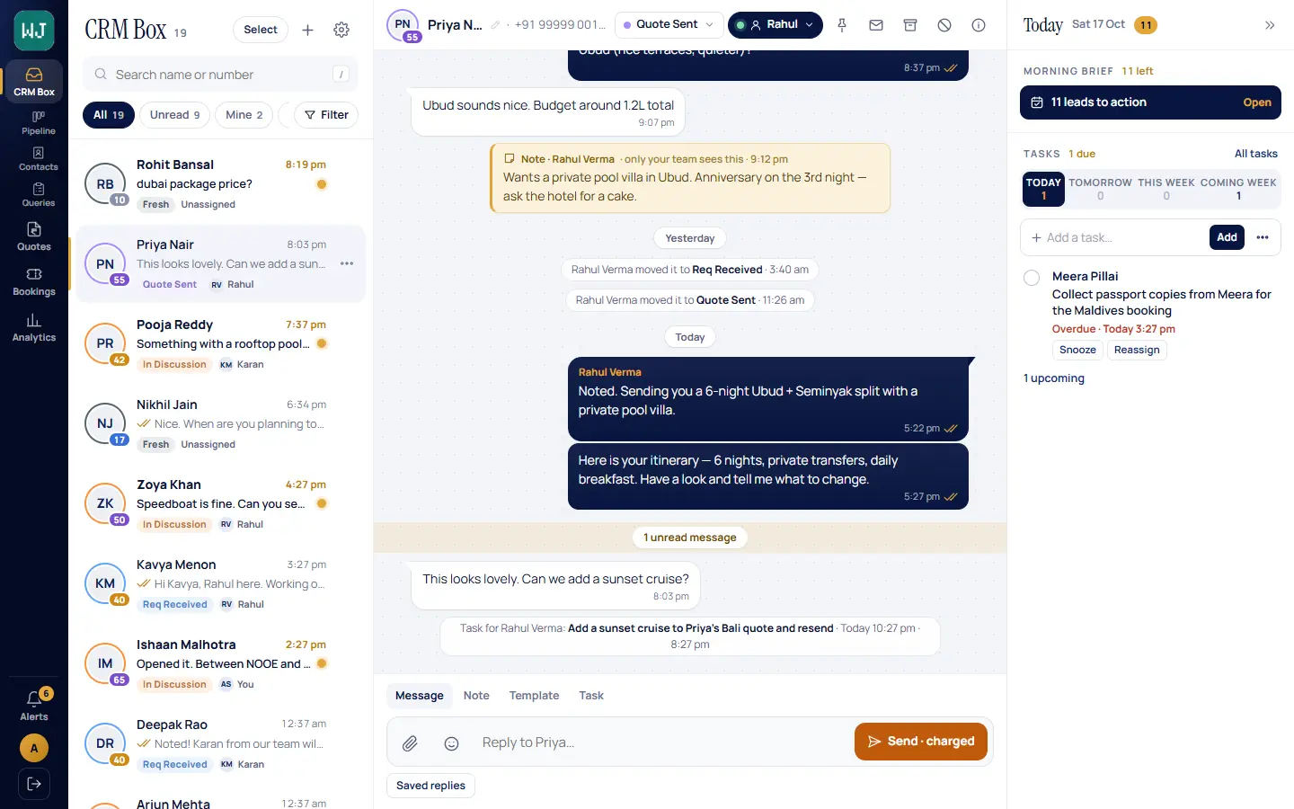 The CRM Box: every WhatsApp chat of the agency in one list, a conversation open with the AI assistant’s and the team’s replies, and the Today pane with the morning brief and tasks