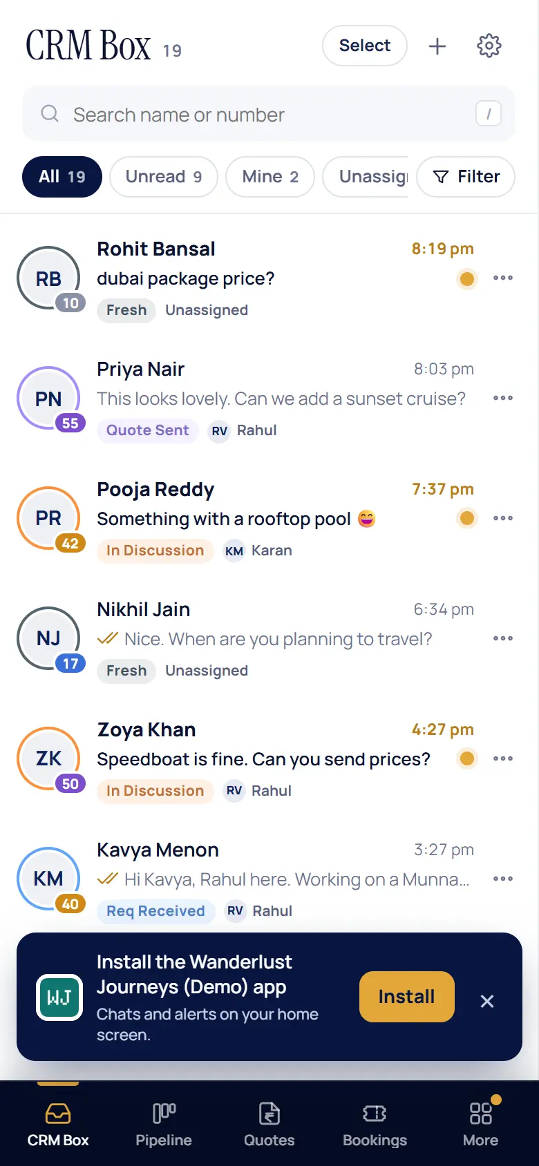 The CRM Box on a phone, with the prompt to install the agency’s own app on the home screen