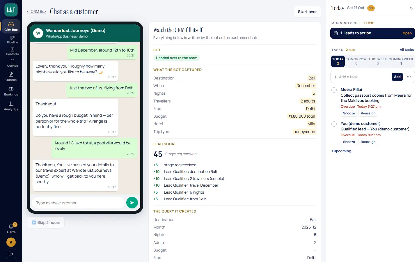 The Lead Qualifier in action: a customer chats on WhatsApp after an ad, and the side panel fills itself with destination, dates, nights, travellers, departure city, budget, a lead score and the query it created