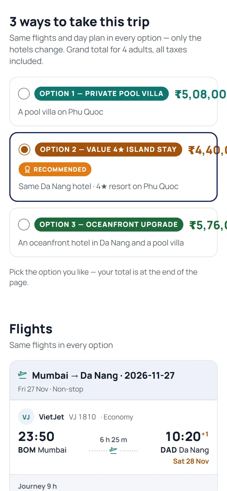 A quote as the customer sees it on a phone: three hotel options with their totals, then the flights