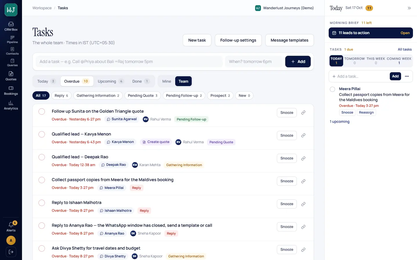 Tasks for the whole team: overdue follow-ups and replies, each linked to the customer, its owner and its stage